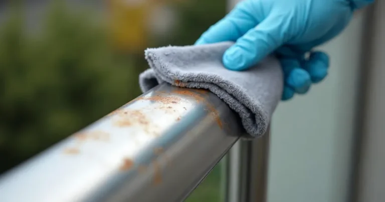 Czyszczenie balustrady nierdzewnej mikrofibrą - usuwanie rdzawego nalotu z poręczy