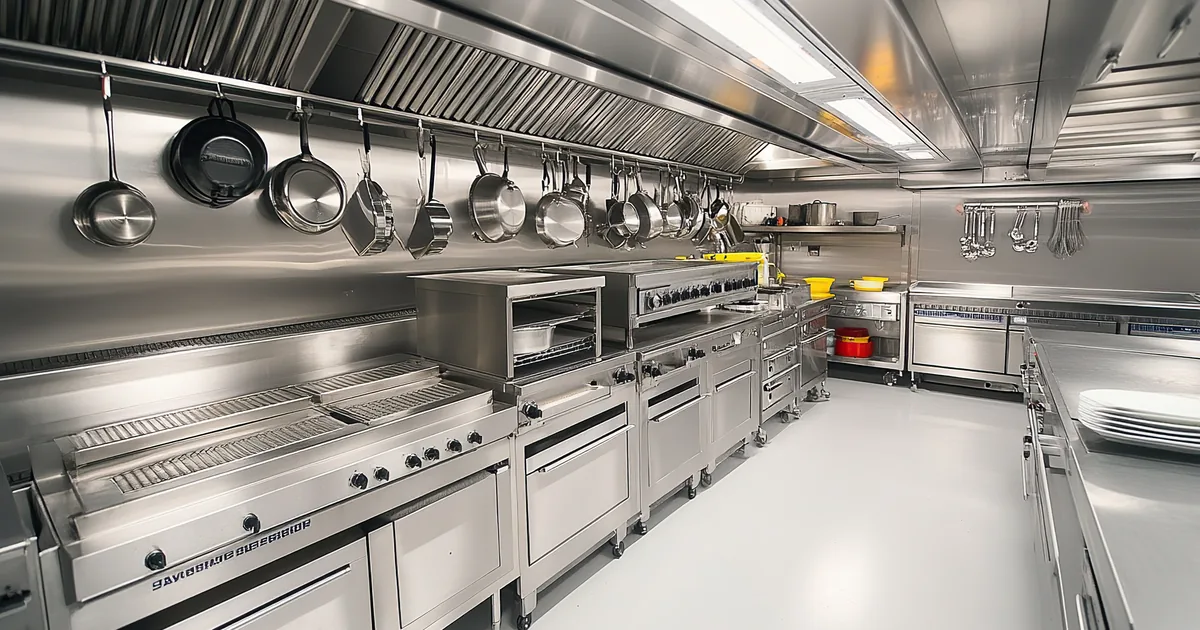 Kuchnia gastronomiczna ze stalowymi blatami i zmywalną ścianą przy stanowiskach