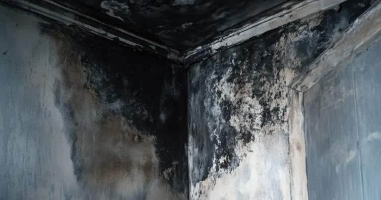 Czarne placki pleśni w narożniku wilgotnego, zimnego pokoju przy tynku