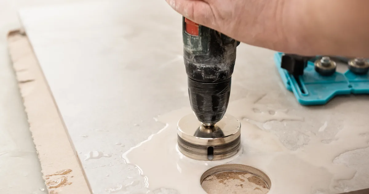 Zbliżenie na diamentową koronkę wiercącą otwór w płytce ceramicznej