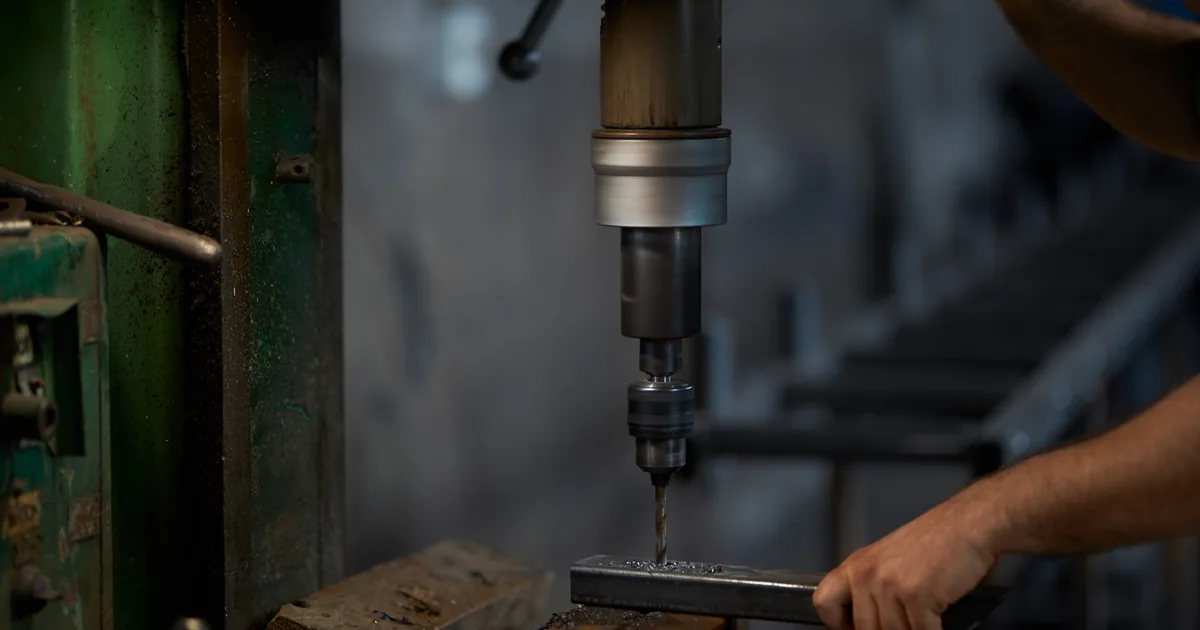 Dłonie dociskają metalowy element pod wiertarką stołową podczas wykonywania otworu