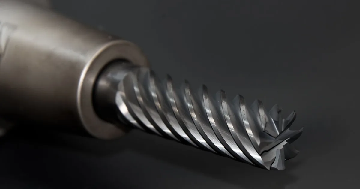 Zbliżenie na spiralne wiertło z widoczną strukturą metalu na czarnym tle