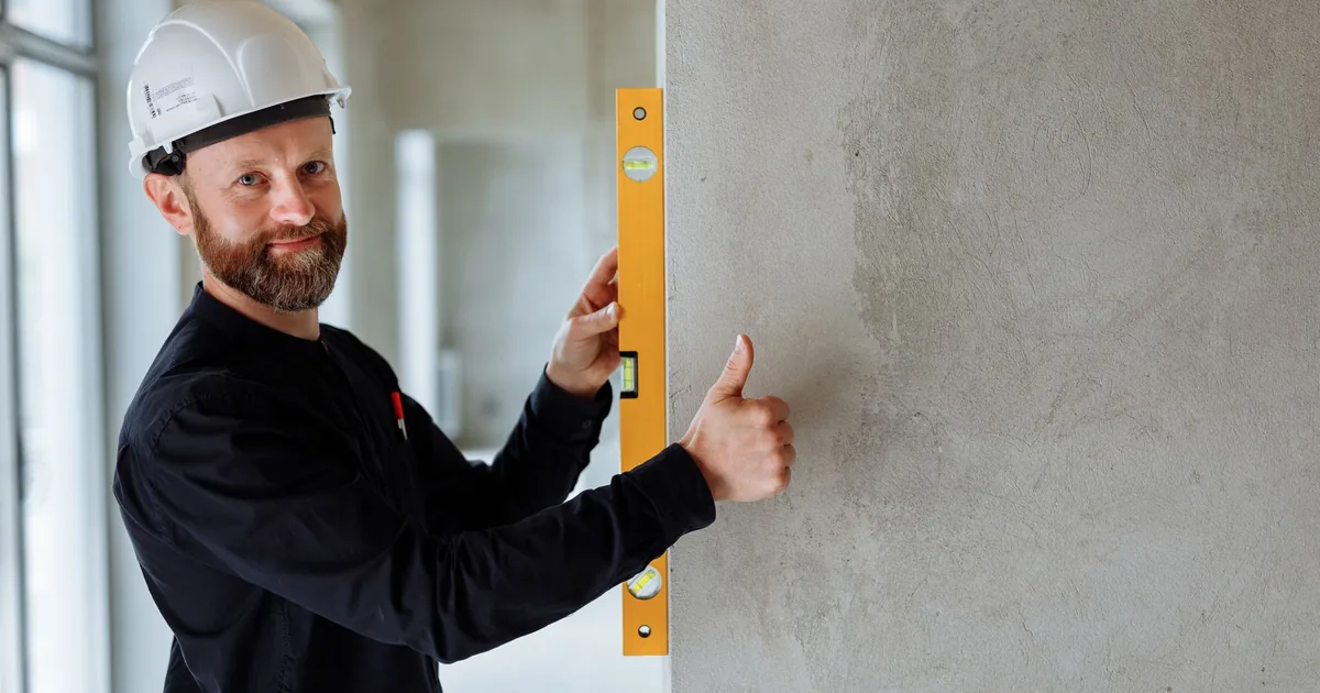 Pracownik sprawdza równość betonowej powierzchni poziomnicą