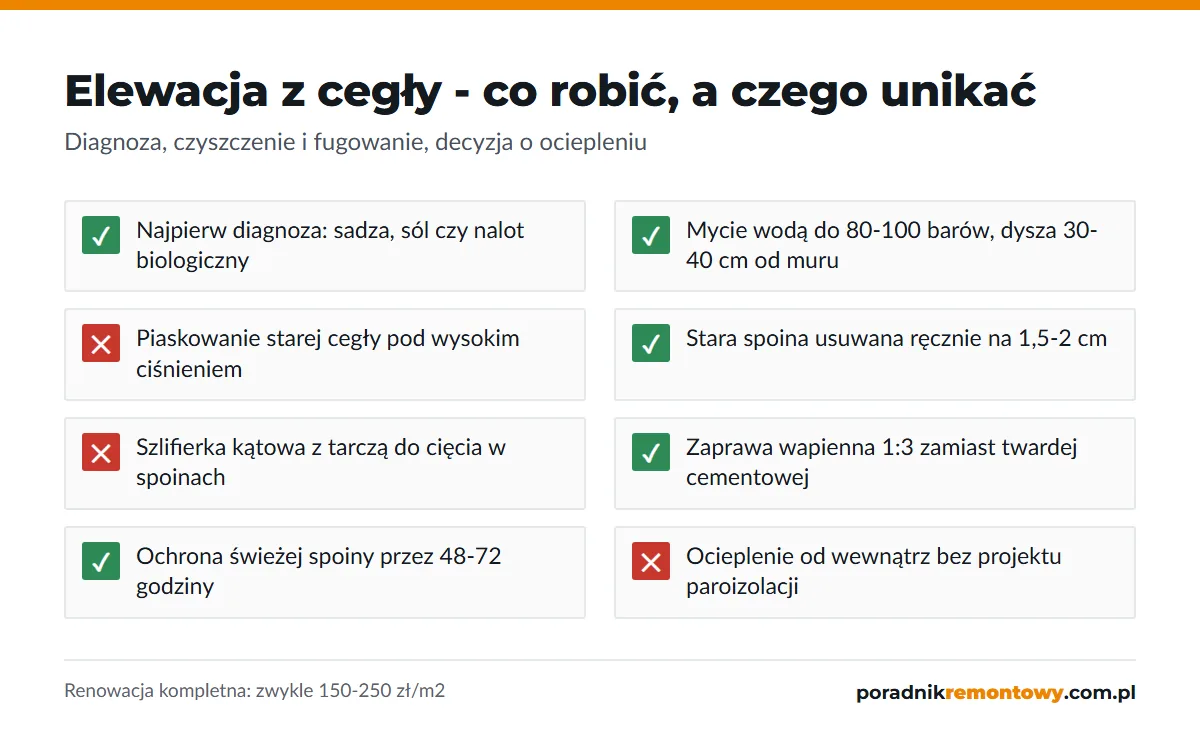 Elewacja z cegły - lista kontrolna renowacji: diagnoza, czyszczenie, fugowanie i ocieplenie od wewnątrz