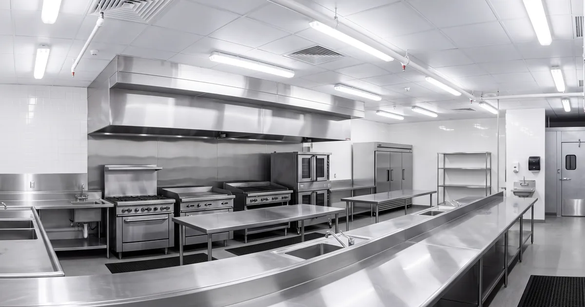 Jasna kuchnia gastronomiczna ze stalowymi blatami i gładkimi, zmywalnymi ścianami
