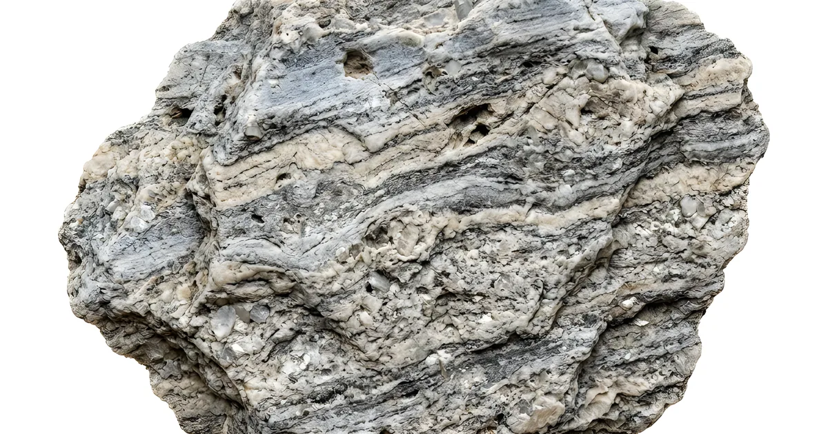 Bryła gnejsu z wyraźnym pasiastym ułożeniem minerałów - cecha, po której odróżnisz gnejs od granitu