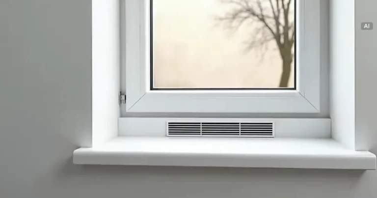 Nawiewnik higrosterowany w górnej ramie okna PVC widziany od strony pokoju