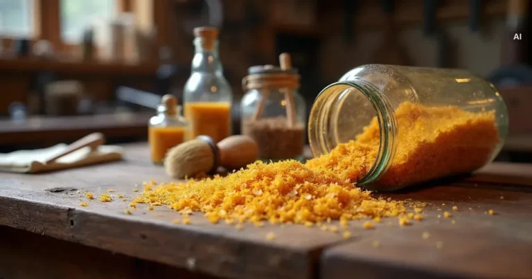 Bursztynowe płatki szelaku wysypane ze słoika na warsztatowy blat