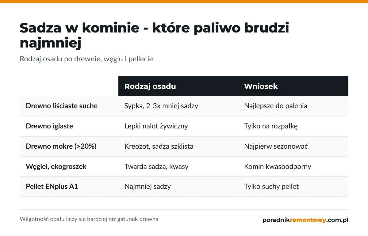 Porównanie: sadza w kominie po drewnie liściastym, iglastym, mokrym, węglu i pellecie - rodzaj osadu i wniosek